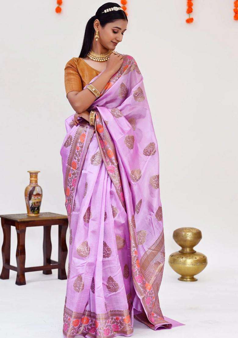 Mauve Color Pure Banarasi Silk Saree With Minakari Work On Border With Traditional Woven Design For Women - Indya