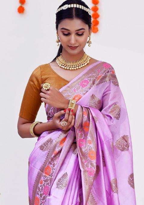 Mauve Color Pure Banarasi Silk Saree With Minakari Work On Border With Traditional Woven Design For Women