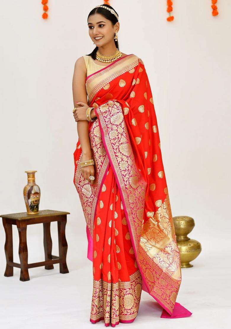Red With Hot Pink With Zari Pure Banarasi Silk Saree With Traditional Woven Design For Women - Indya