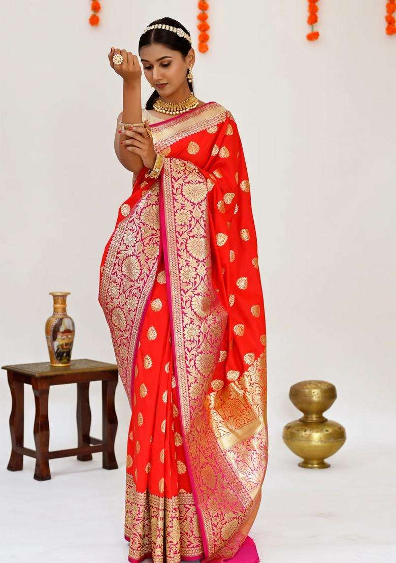 Red With Hot Pink With Zari Pure Banarasi Silk Saree With Traditional Woven Design For Women - Indya