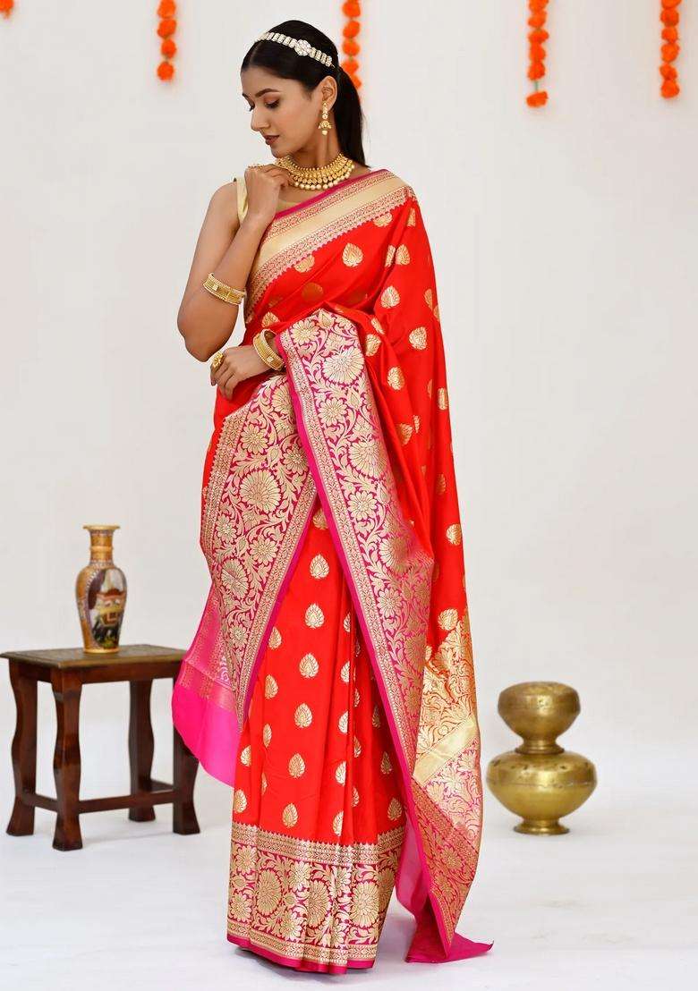 Red With Hot Pink With Zari Pure Banarasi Silk Saree With Traditional Woven Design For Women - Indya