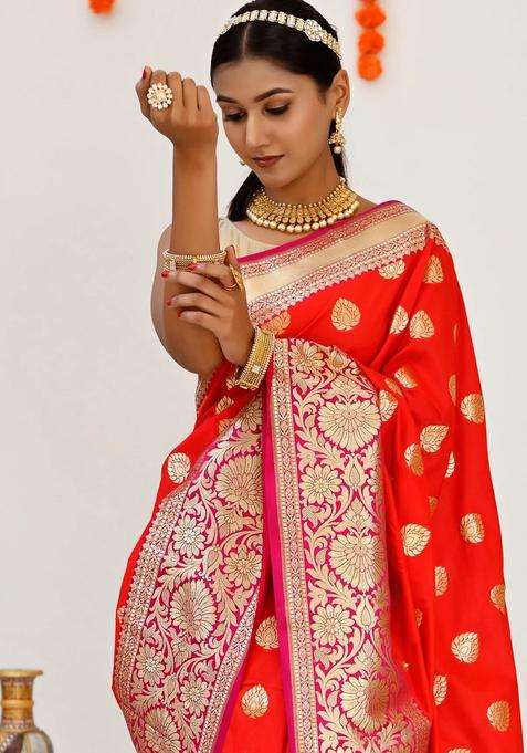 Red With Hot Pink With Zari Pure Banarasi Silk Saree With Traditional Woven Design For Women