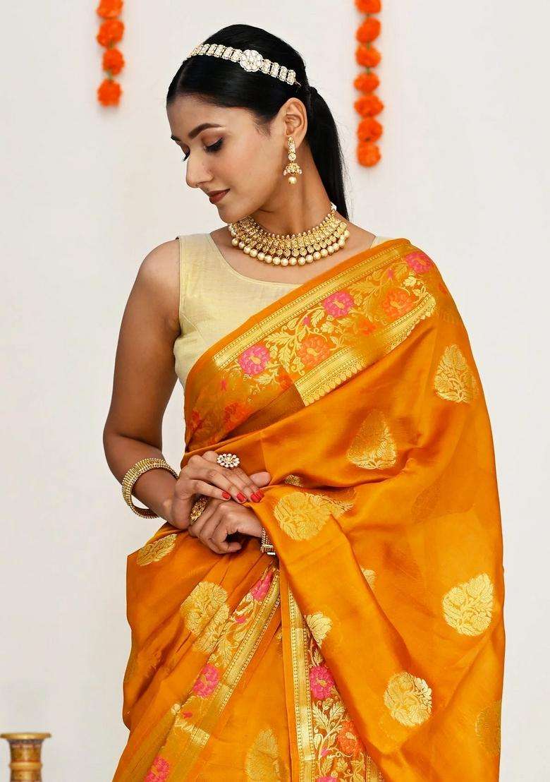 Mustard Yellow Color Pure Banarasi Silk Saree With All Over Zari Work With Traditional Woven Design For Women - Indya