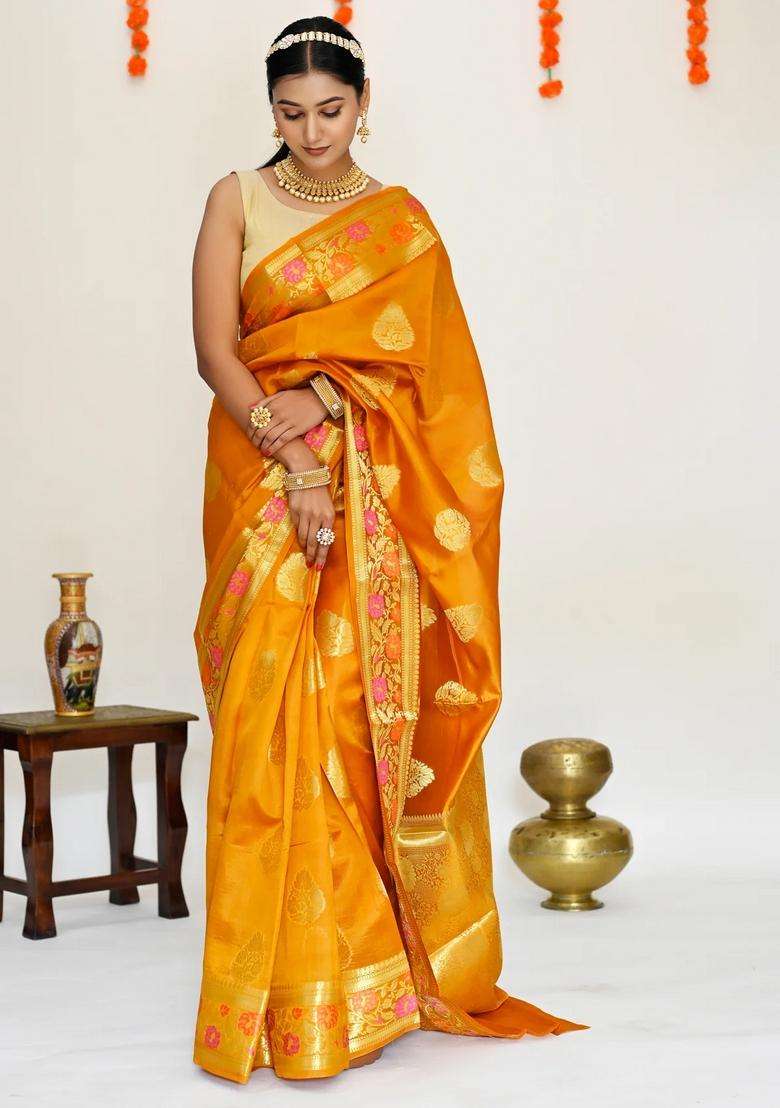 Mustard Yellow Color Pure Banarasi Silk Saree With All Over Zari Work With Traditional Woven Design For Women - Indya