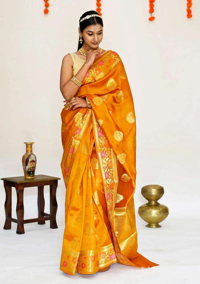 Mustard Yellow Color Pure Banarasi Silk Saree With All Over Zari Work With Traditional Woven Design For Women - Indya