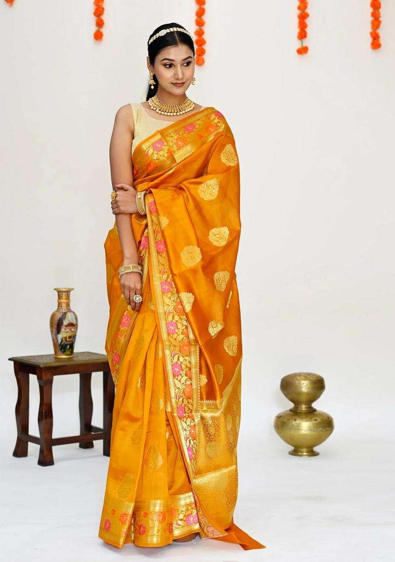 Mustard Yellow Color Pure Banarasi Silk Saree With All Over Zari Work With Traditional Woven Design For Women - Indya