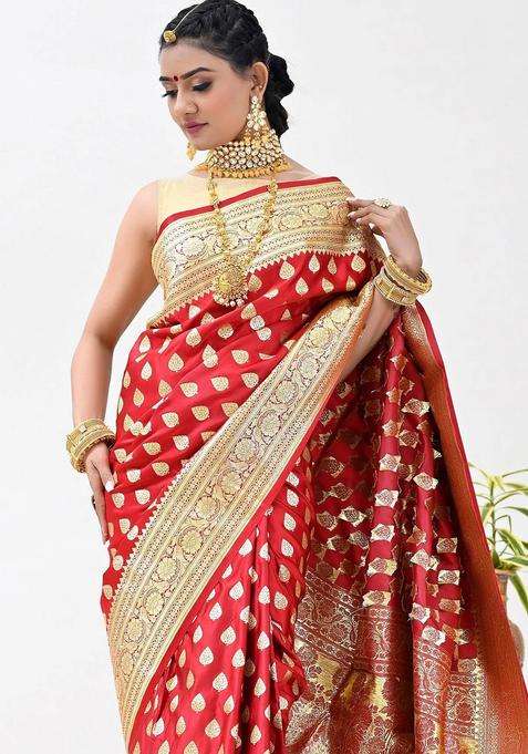 Maroon Color Banarasi Bridal Silk Saree With All Over Golden Zari With Traditional Woven Design For Women