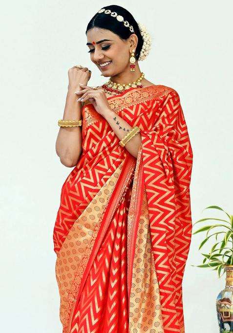 Red Color Banarasi Silk Saree With Golden Zari Work And Broad Border With Traditional Woven Design For Women