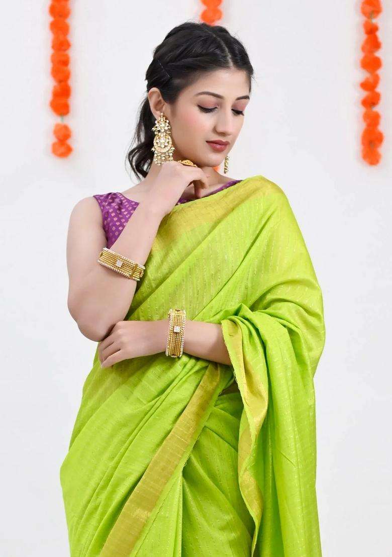 Parrot Green Color Woven Design Striped Cotton Handloom Saree Sequence Work Over Pallu With Checks And Stripes Design For Women - Indya