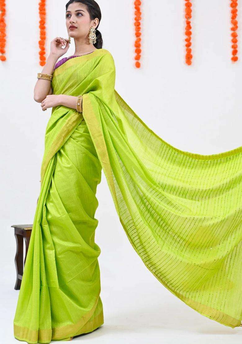 Parrot Green Color Woven Design Striped Cotton Handloom Saree Sequence Work Over Pallu With Checks And Stripes Design For Women - Indya