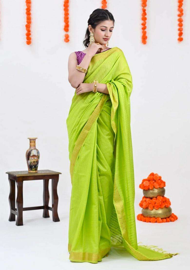 Parrot Green Color Woven Design Striped Cotton Handloom Saree Sequence Work Over Pallu With Checks And Stripes Design For Women - Indya