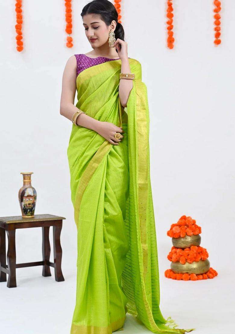 Parrot Green Color Woven Design Striped Cotton Handloom Saree Sequence Work Over Pallu With Checks And Stripes Design For Women - Indya