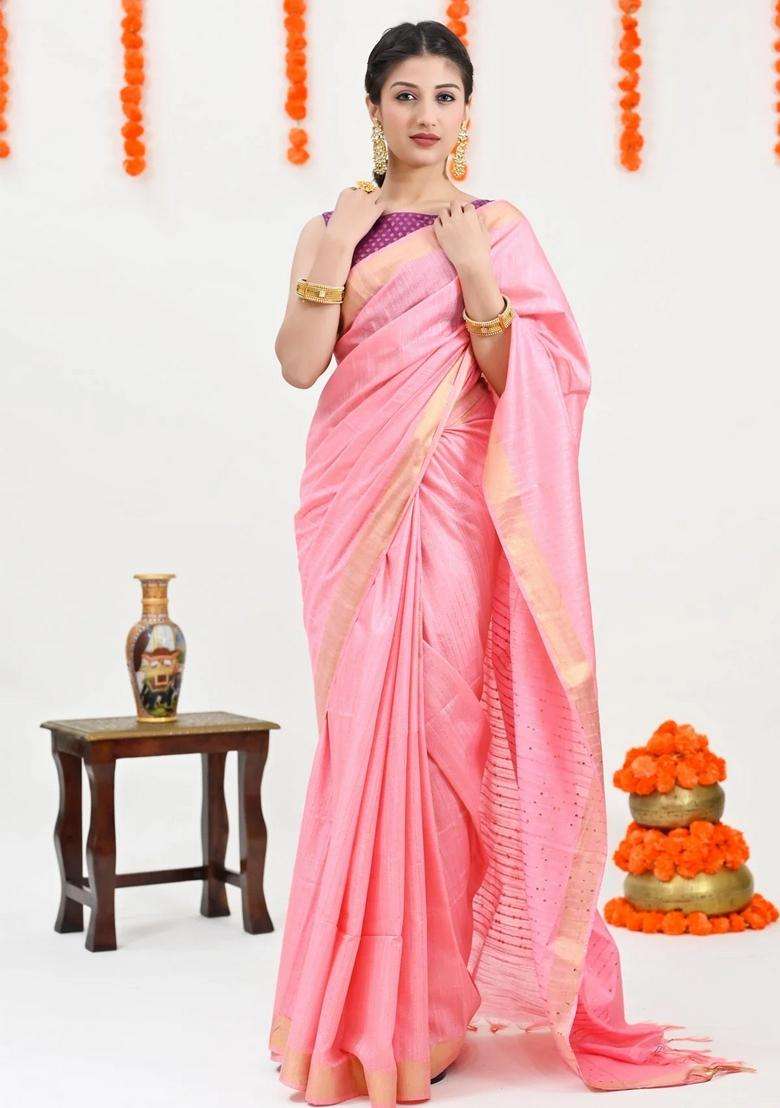 Peach Color Color Woven Design Striped Cotton Handloom Saree Sequence Work With Checks And Stripes Design For Women - Indya