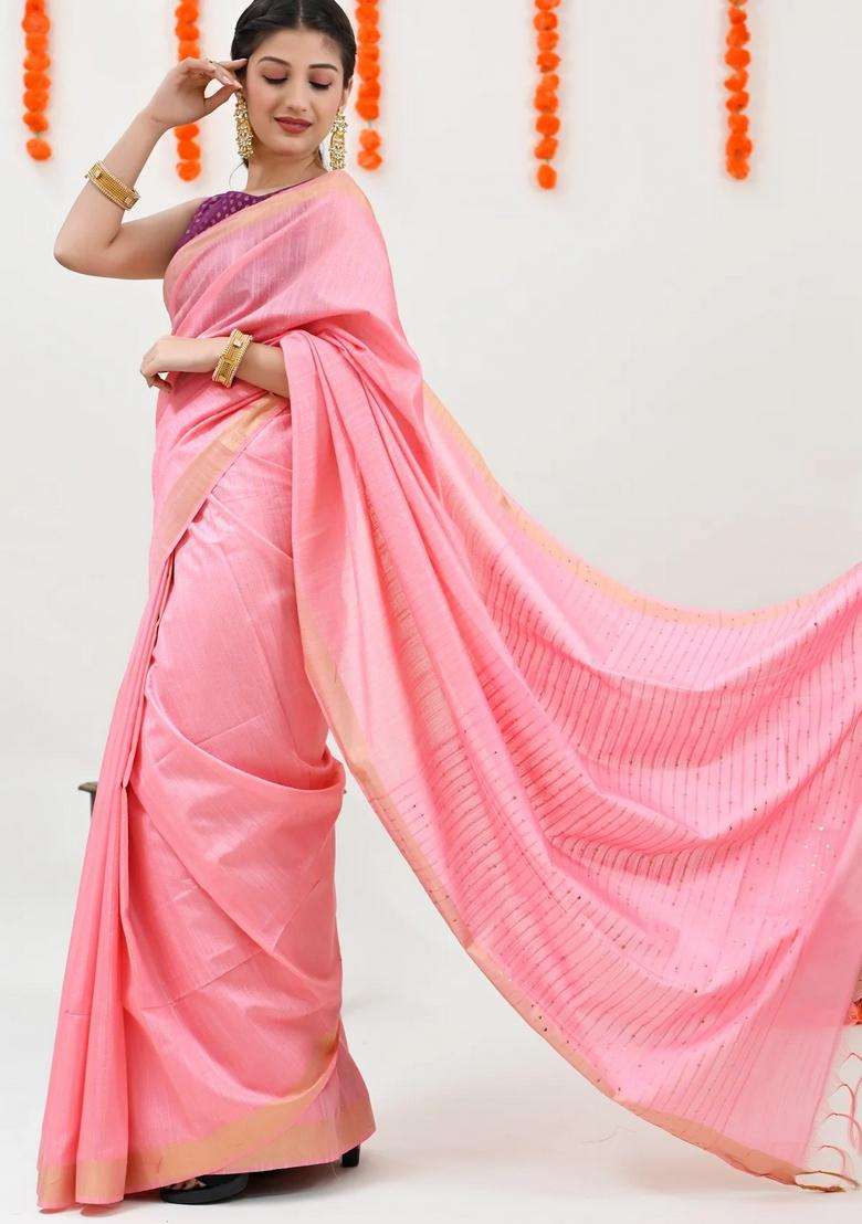 Peach Color Color Woven Design Striped Cotton Handloom Saree Sequence Work With Checks And Stripes Design For Women - Indya