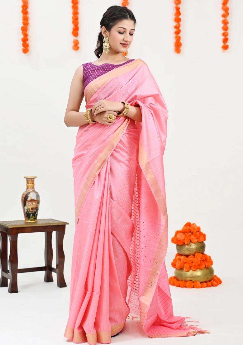 Peach Color Color Woven Design Striped Cotton Handloom Saree Sequence Work With Checks And Stripes Design For Women - Indya