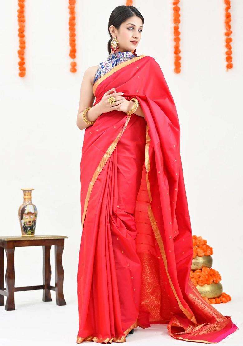 Red Color Kanjivaram Silk Saree With Richness Of Zari Border And Pallu With Traditional Woven Design For Women - Indya
