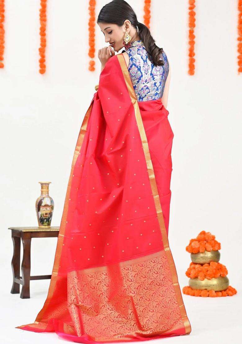 Red Color Kanjivaram Silk Saree With Richness Of Zari Border And Pallu With Traditional Woven Design For Women - Indya