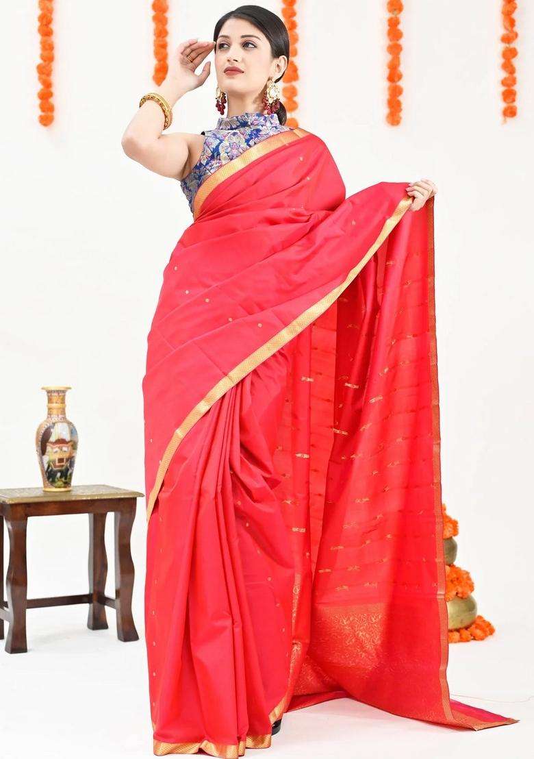 Red Color Kanjivaram Silk Saree With Richness Of Zari Border And Pallu With Traditional Woven Design For Women - Indya