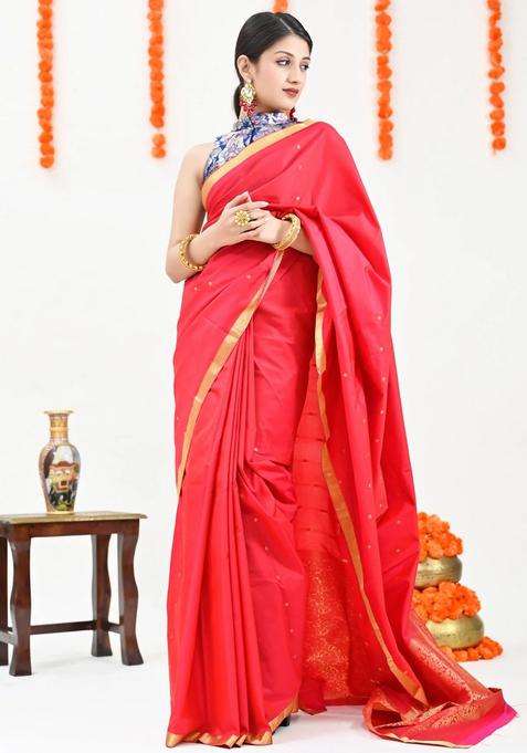 Red Color Kanjivaram Silk Saree With Richness Of Zari Border And Pallu With Traditional Woven Design For Women