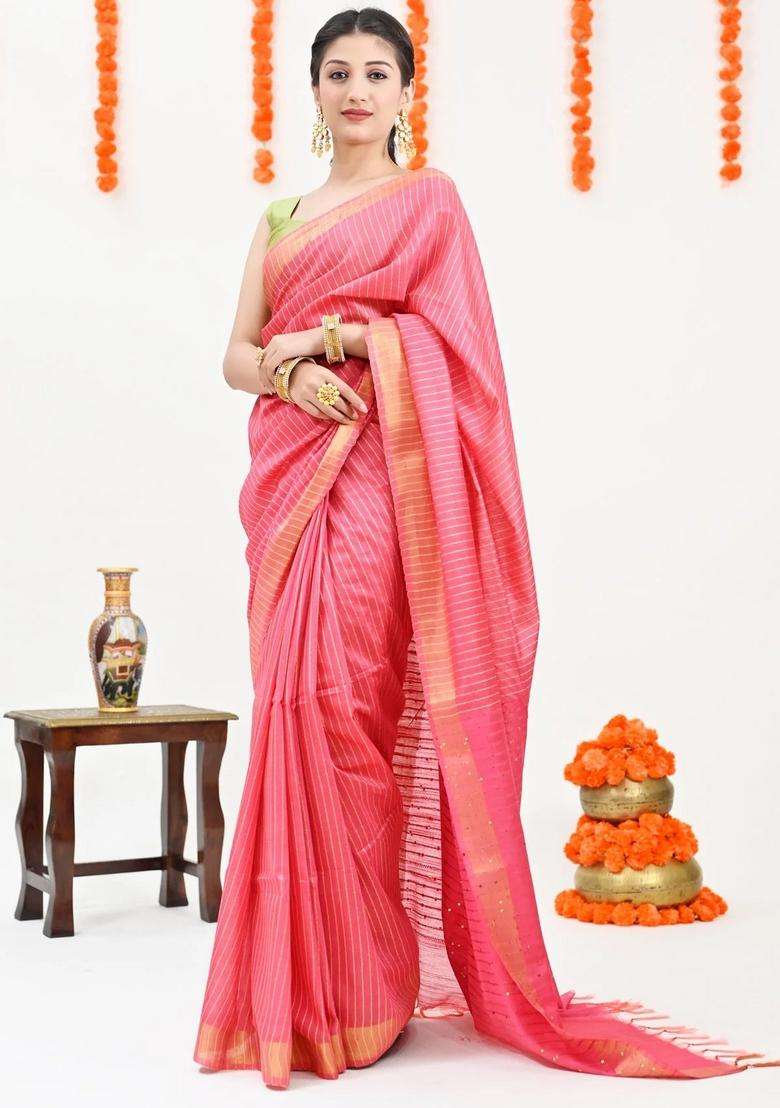 Pink Color Color Woven Design Striped Cotton Handloom Saree Sequence Work With Checks And Stripes Design For Women - Indya