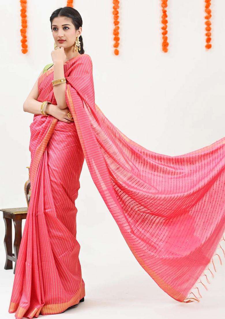 Pink Color Color Woven Design Striped Cotton Handloom Saree Sequence Work With Checks And Stripes Design For Women - Indya