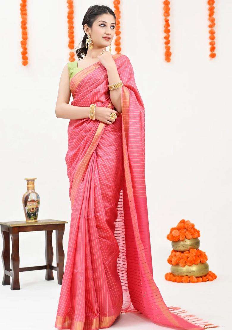 Pink Color Color Woven Design Striped Cotton Handloom Saree Sequence Work With Checks And Stripes Design For Women - Indya
