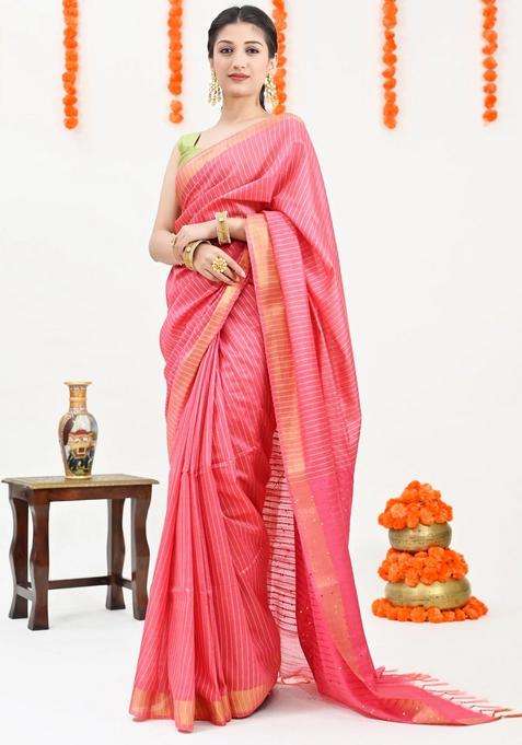 Pink Color Color Woven Design Striped Cotton Handloom Saree Sequence Work With Checks And Stripes Design For Women