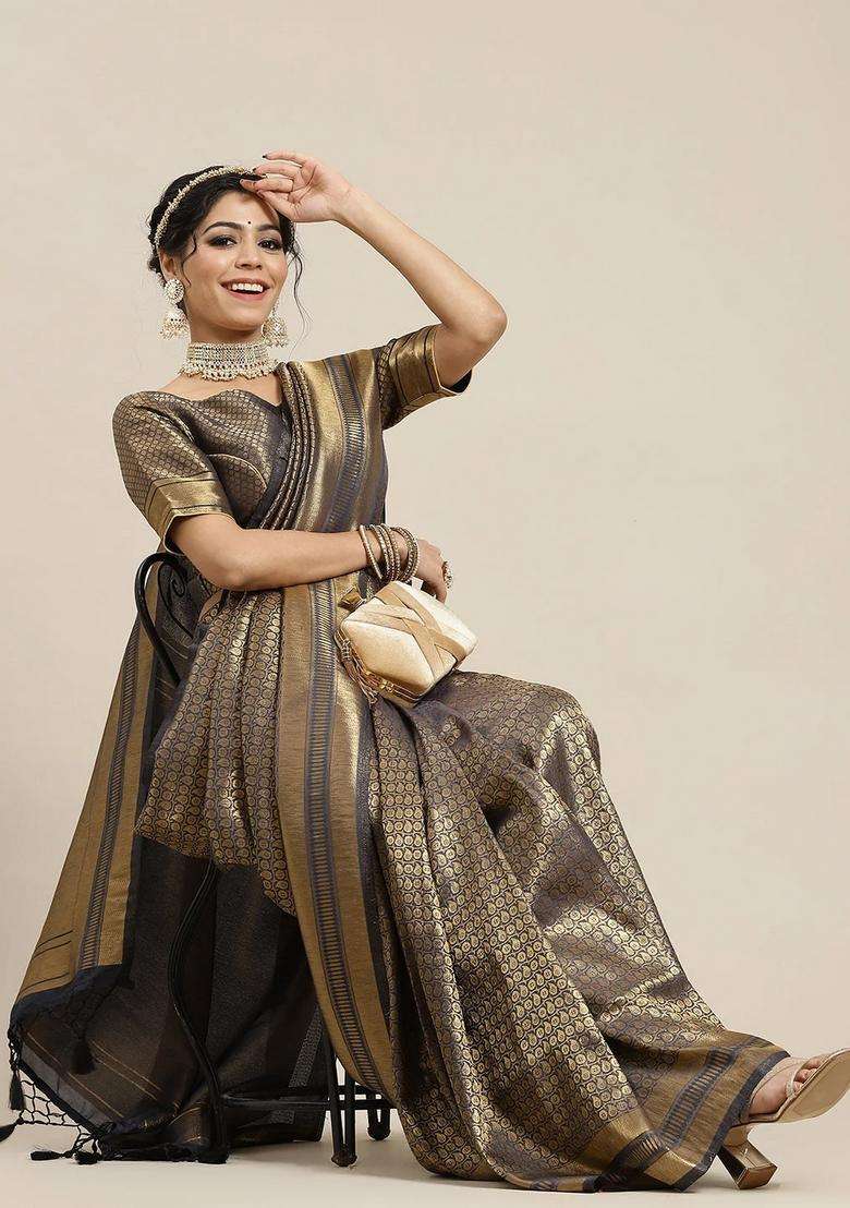 Charcoal Grey And Gold Colored Art Silk Woven Design Soft Silk Saree With Traditional Woven Design For Women - Indya