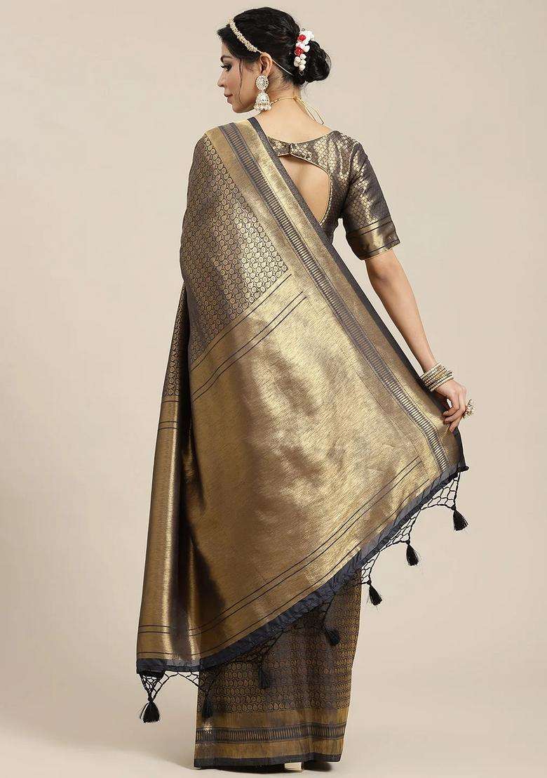 Charcoal Grey And Gold Colored Art Silk Woven Design Soft Silk Saree With Traditional Woven Design For Women - Indya