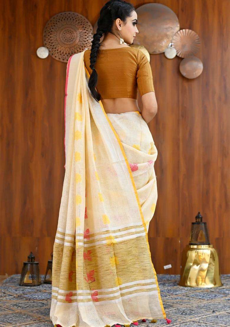 Cream Color Pure Linen Embroidered Handloom Saree For Women - Indya