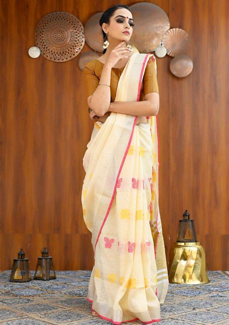 Cream Color Pure Linen Embroidered Handloom Saree For Women - Indya