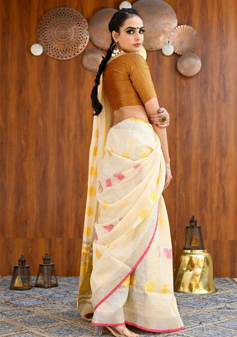 Cream Color Pure Linen Embroidered Handloom Saree For Women - Indya