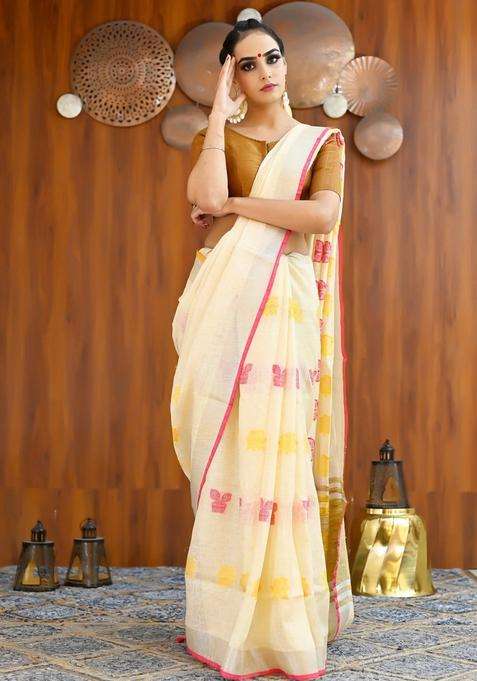 Cream Color Pure Linen Embroidered Handloom Saree For Women