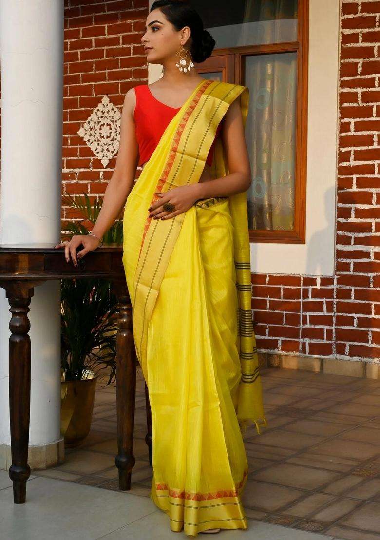 Yellow Color Silk Cotton Solid Maheshwari Handloom Saree With Traditional Woven Design For Women - Indya