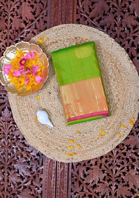 Parrot Green With Pink Contrast Kanjivaram Silk Saree Golden Rich Zari With Traditional Woven Design For Women