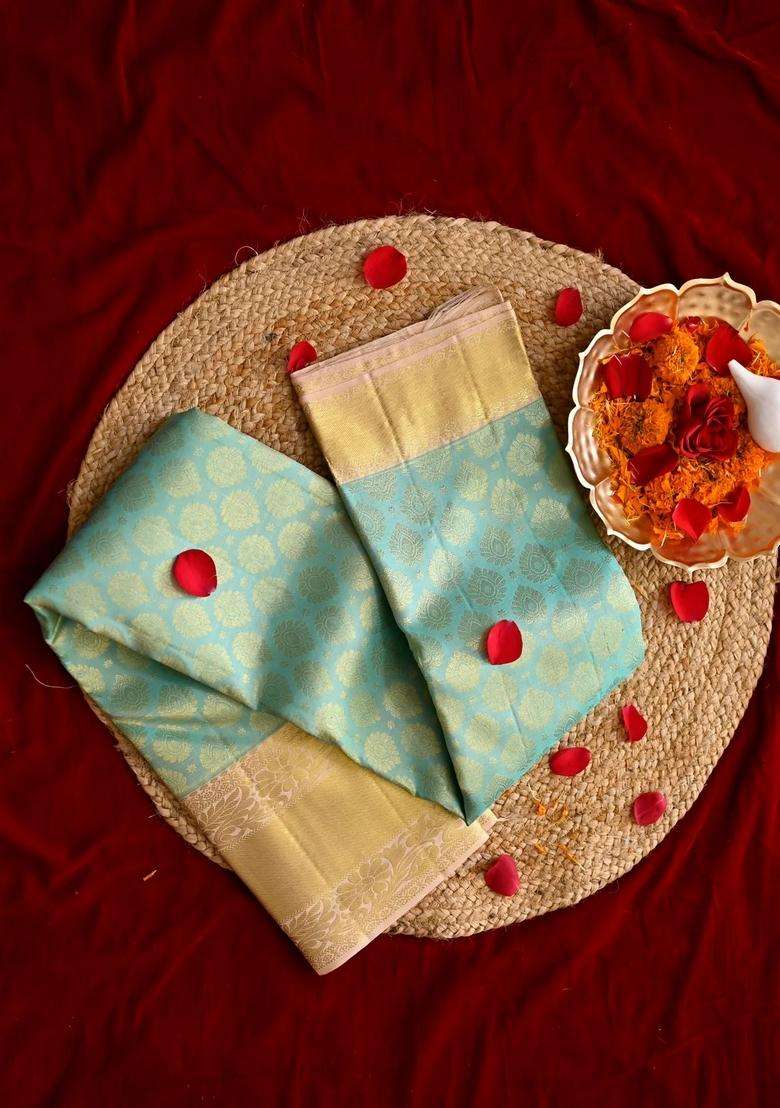 Sea Green Color Pure Kanjivaram Silk Saree Contains 1 Gram Pure Gold With Traditional Woven Design For Women - Indya