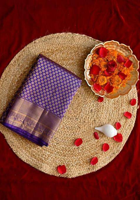 Purple And Gold Color Weaved With 1 Gram Pure Gold Kanjivaram Silk Saree With Traditional Woven Design For Women