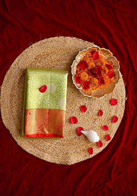 Lime Green And Red Contrast Pure Kanjivaram Silk Saree Contains 1 Gram Pure Gold With Traditional Woven Design For Women