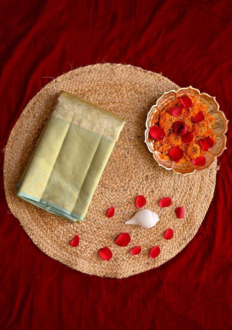 Pista Green With Gold Kanjivaram Pure Silk Saree Weaved With 1 Gram Pure Gold With Traditional Woven Design For Women - Indya