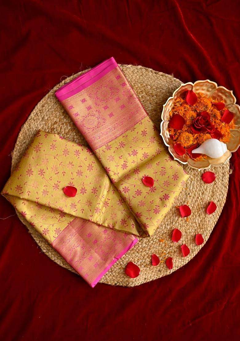Gold And Pink Contrast Kanjivaram Silk Saree Contains 1 Gram Pure Gold With Traditional Woven Design For Women - Indya