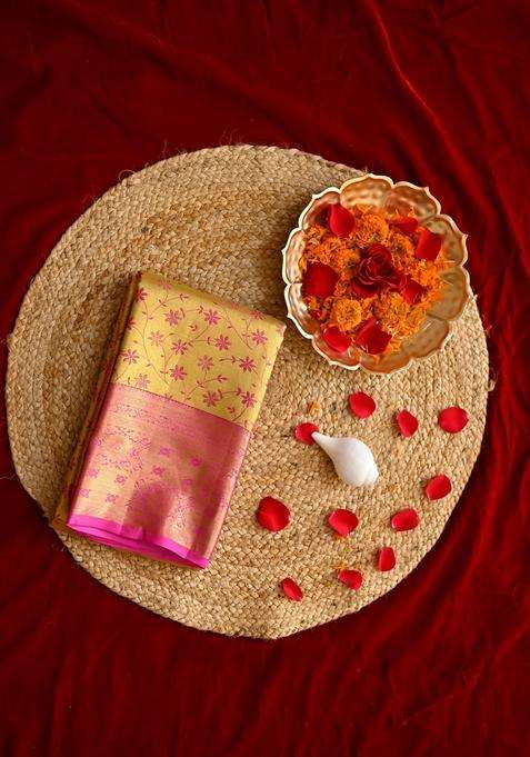 Gold And Pink Contrast Kanjivaram Silk Saree Contains 1 Gram Pure Gold With Traditional Woven Design For Women