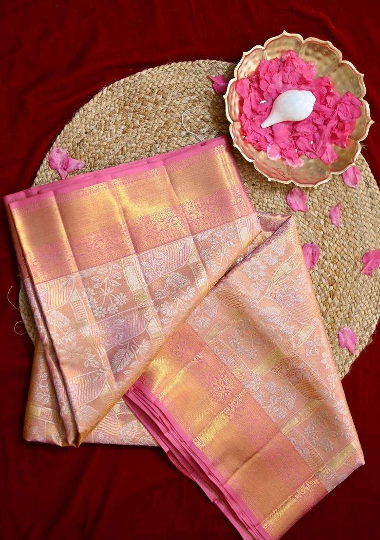 Carrot Peach And Gold Pure Kanjivaram Silk Saree And Weaved With Pure 2 Gram Gold With Traditional Woven Design For Women - Indya