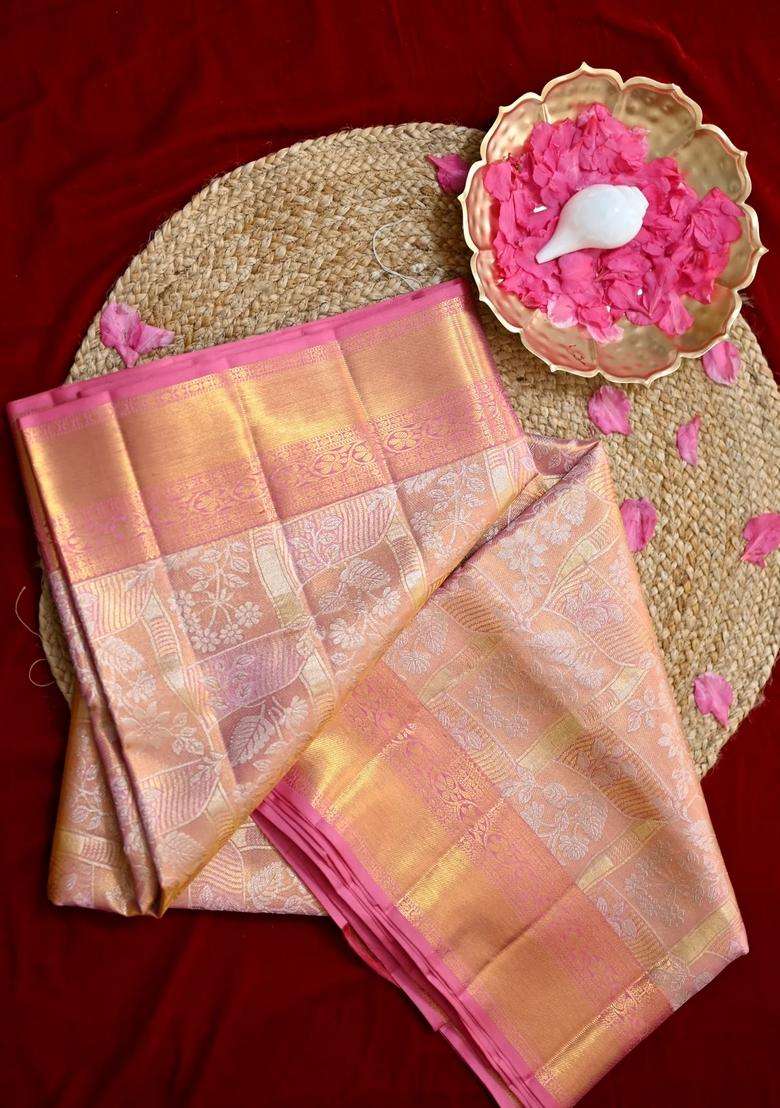 Carrot Peach And Gold Pure Kanjivaram Silk Saree And Weaved With Pure 2 Gram Gold With Traditional Woven Design For Women - Indya