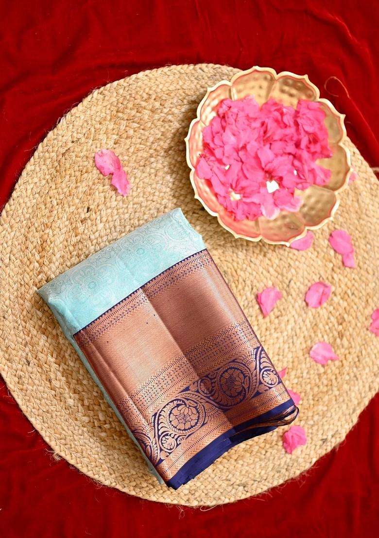 Sky Blue And Navy Blue All Over Copper Gold Zari Weaved With 2 Gram Pure Gold Kanjivaram Silk Saree With Traditional Woven Design For Women - Indya
