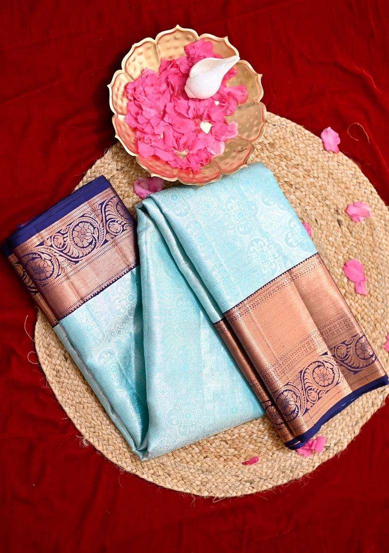 Sky Blue And Navy Blue All Over Copper Gold Zari Weaved With 2 Gram Pure Gold Kanjivaram Silk Saree With Traditional Woven Design For Women - Indya