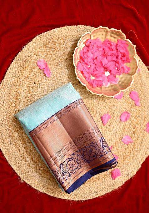 Sky Blue And Navy Blue All Over Copper Gold Zari Weaved With 2 Gram Pure Gold Kanjivaram Silk Saree With Traditional Woven Design For Women