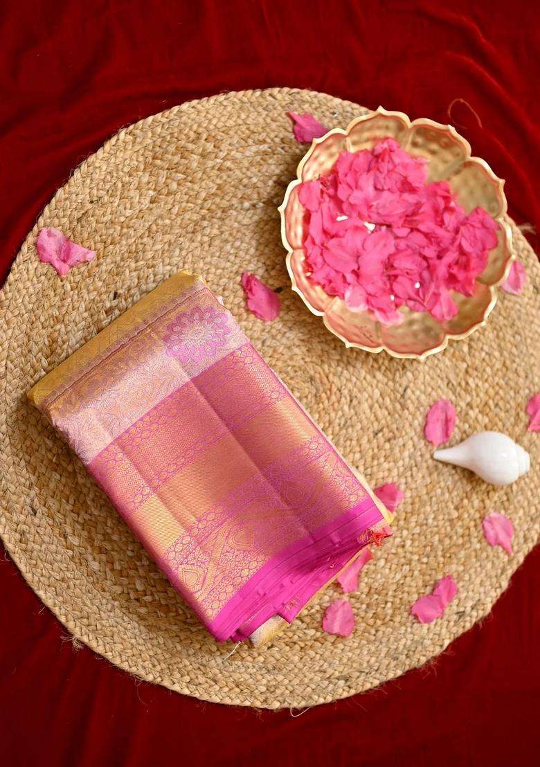 Gold And Pink Color Saree Contains 2 Gram Pure Gold Kanjivaram Silk Saree With Traditional Woven Design For Women - Indya