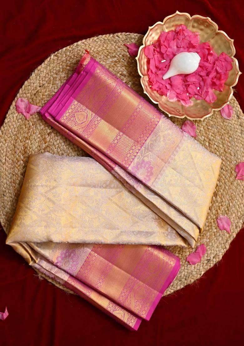 Gold And Pink Color Saree Contains 2 Gram Pure Gold Kanjivaram Silk Saree With Traditional Woven Design For Women - Indya