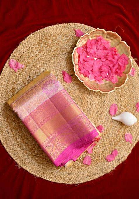 Gold And Pink Color Saree Contains 2 Gram Pure Gold Kanjivaram Silk Saree With Traditional Woven Design For Women