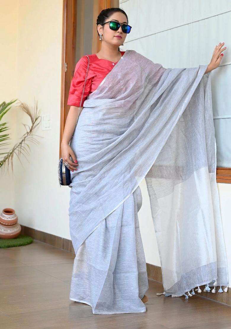 Light Blue Color Pure Linen Handloom Saree With Traditional Woven Design For Women - Indya